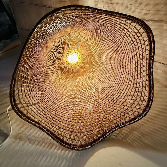 Wicker Basket Hanging Pendant Lamp Shade Round Tulip Shape Cottage Core Boho MCM - Picture 8 of 9